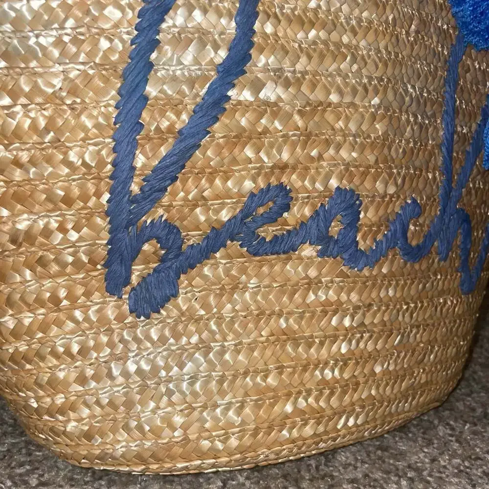 Mud Pie Navy Beach Straw Tote Bag with Pom Pom